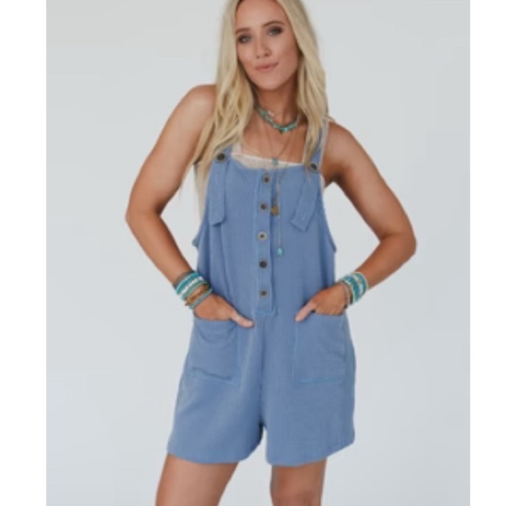 Three Bird Nest Blue Button-Front Romper
